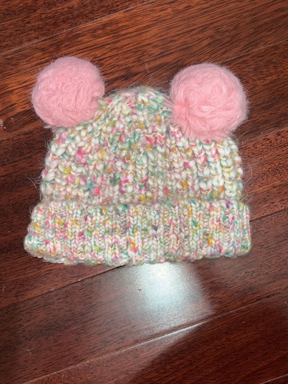 Handmade Multicolor Knit Baby Beanie with Pink Pom Poms